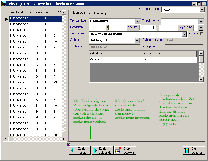 Tekstregister in de zoekstand.